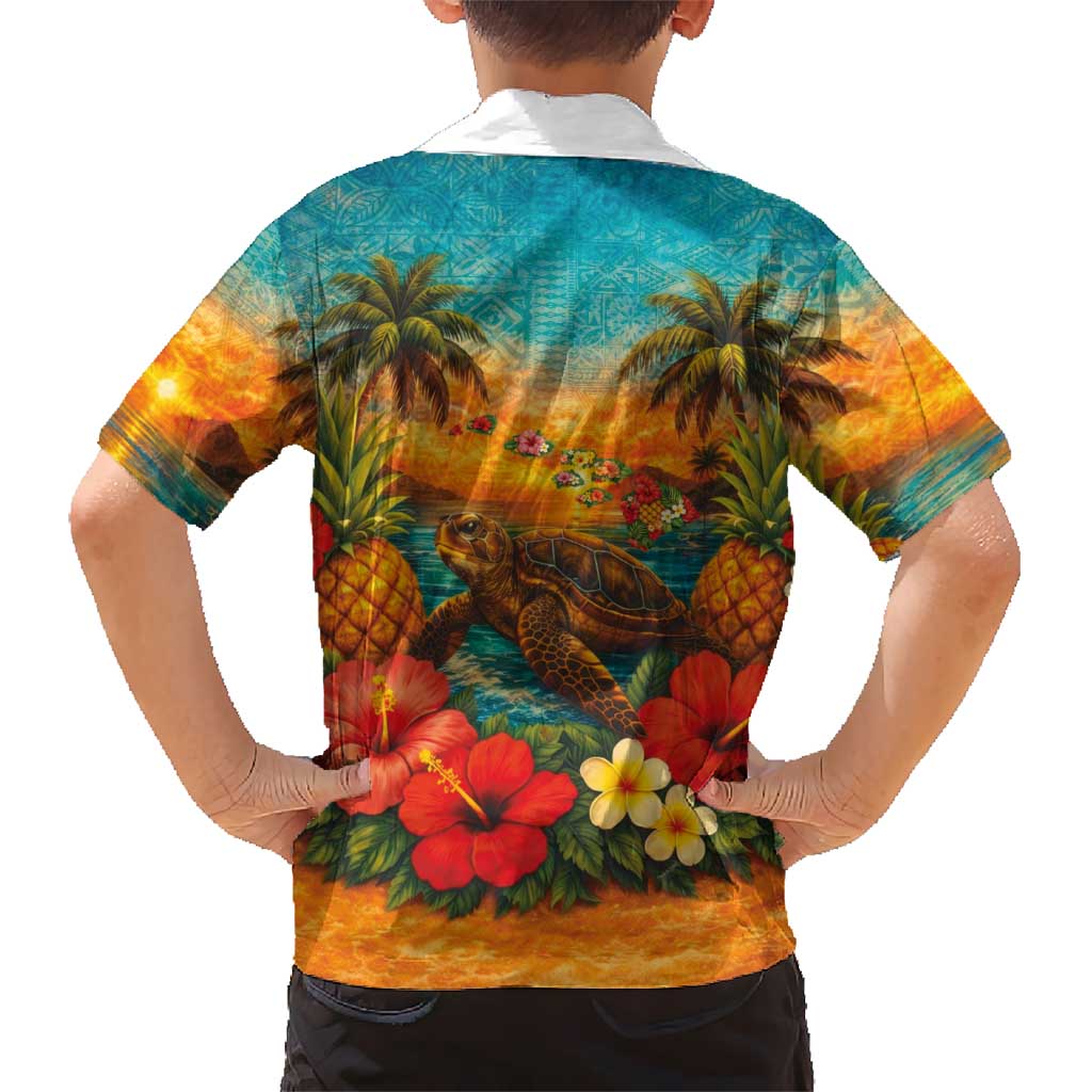 Hawaiian Turtles on Beach Family Matching Off Shoulder Short Dress and Hawaiian Shirt with Pineapple Tropical Plant and Lei LT03 - Polynesian Pride