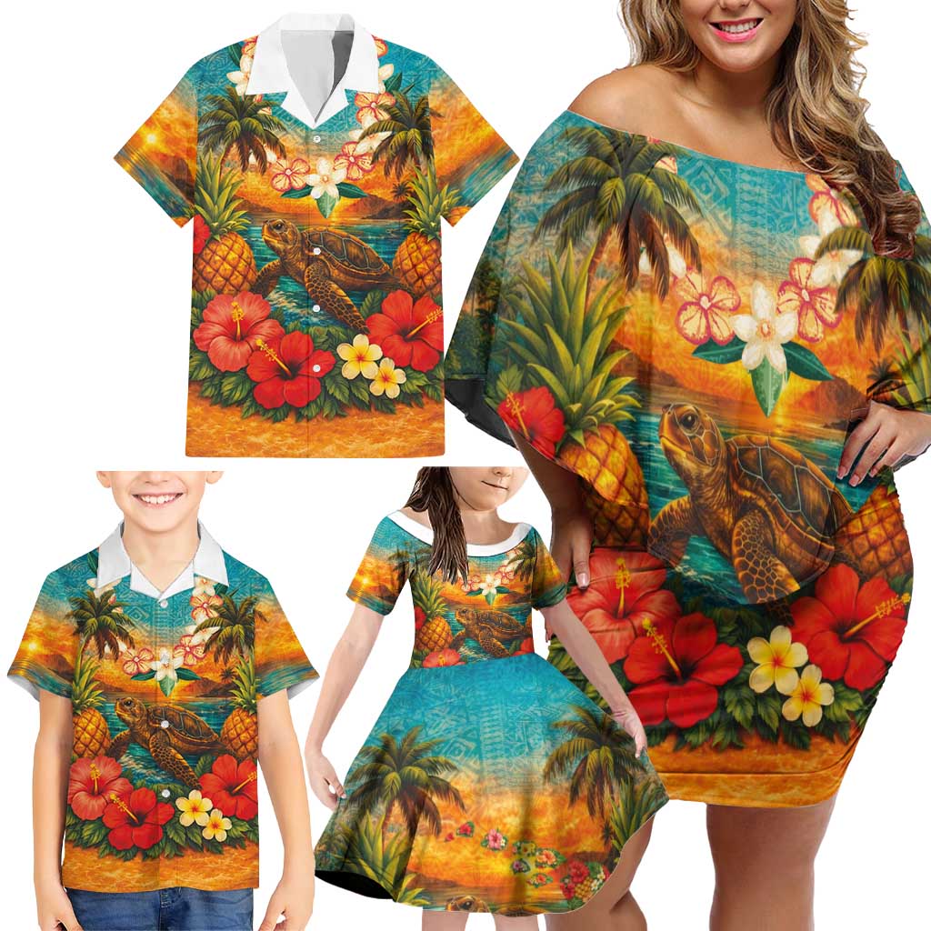 Hawaiian Turtles on Beach Family Matching Off Shoulder Short Dress and Hawaiian Shirt with Pineapple Tropical Plant and Lei LT03 - Polynesian Pride