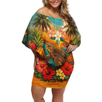 Hawaiian Turtles on Beach Family Matching Off Shoulder Short Dress and Hawaiian Shirt with Pineapple Tropical Plant and Lei LT03 Mom's Dress Multicolor - Polynesian Pride