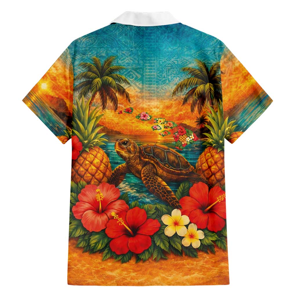 Hawaiian Turtles on Beach Family Matching Puletasi and Hawaiian Shirt with Pineapple Tropical Plant and Lei LT03 - Polynesian Pride
