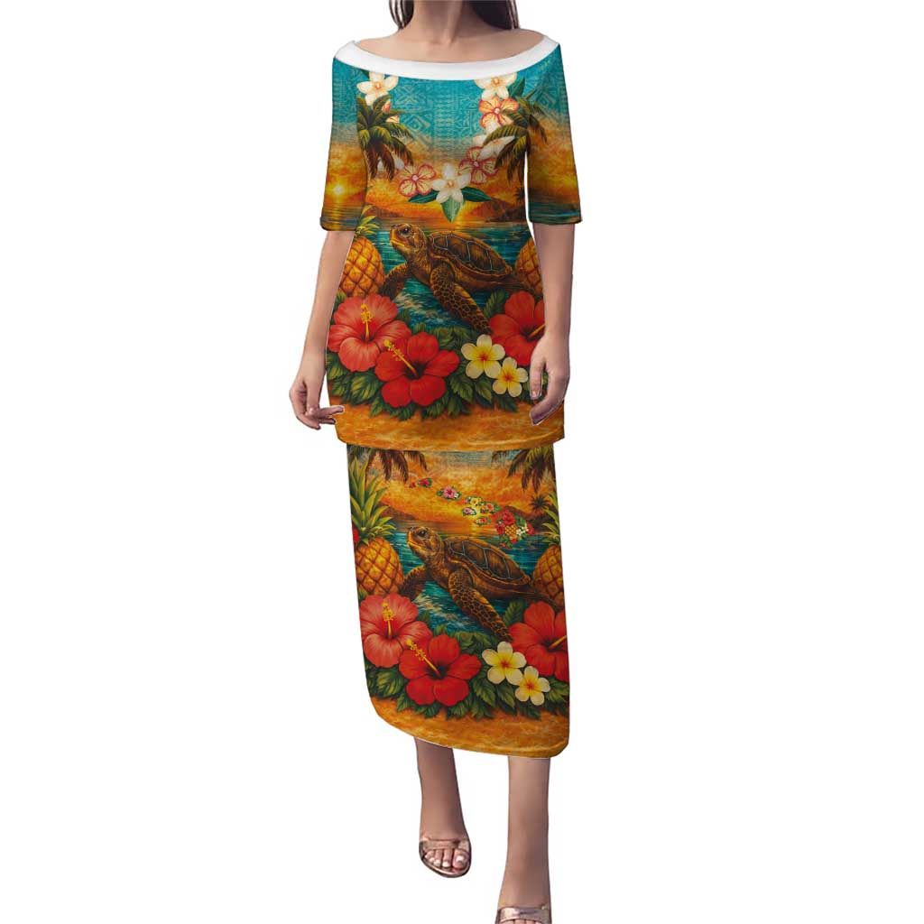 Hawaiian Turtles on Beach Family Matching Puletasi and Hawaiian Shirt with Pineapple Tropical Plant and Lei LT03 Mom's Dress Multicolor - Polynesian Pride