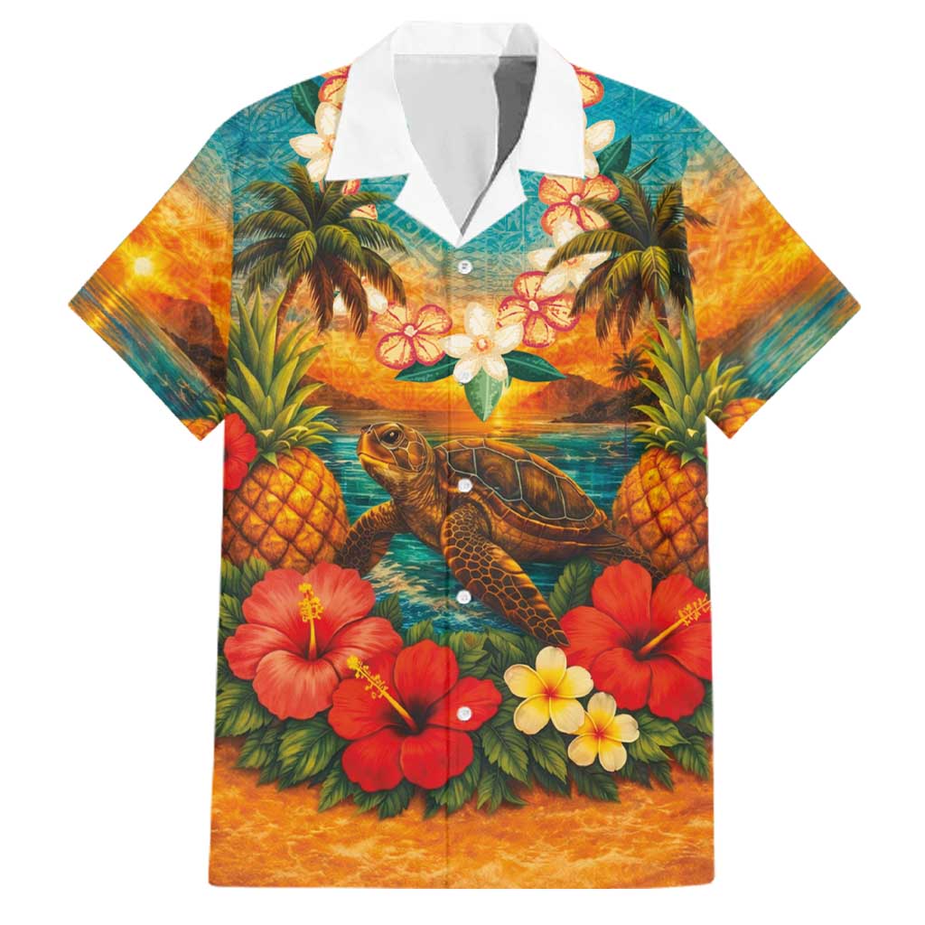 Hawaiian Turtles on Beach Family Matching Short Sleeve Bodycon Dress and Hawaiian Shirt with Pineapple Tropical Plant and Lei LT03 Dad's Shirt - Short Sleeve Multicolor - Polynesian Pride