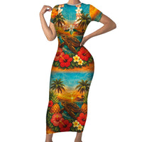 Hawaiian Turtles on Beach Family Matching Short Sleeve Bodycon Dress and Hawaiian Shirt with Pineapple Tropical Plant and Lei LT03 Mom's Dress Multicolor - Polynesian Pride
