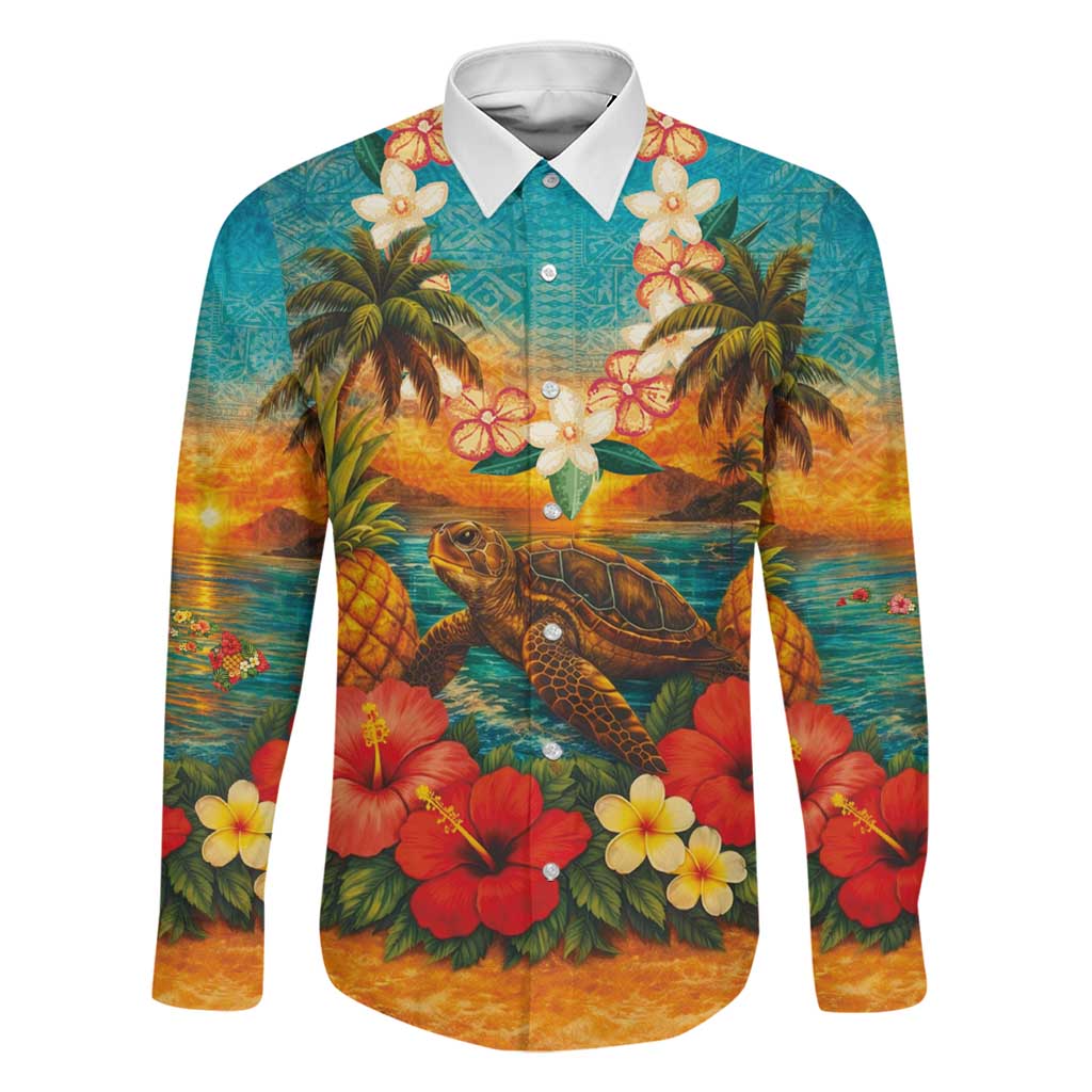 Hawaiian Turtles on Beach Family Matching Summer Maxi Dress and Hawaiian Shirt with Pineapple Tropical Plant and Lei LT03 Dad's Shirt - Long Sleeve Multicolor - Polynesian Pride