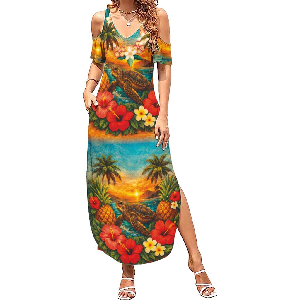 Hawaiian Turtles on Beach Family Matching Summer Maxi Dress and Hawaiian Shirt with Pineapple Tropical Plant and Lei LT03 Mom's Dress Multicolor - Polynesian Pride