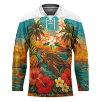 Hawaiian Turtles on Beach Hockey Jersey with Pineapple Tropical Plant and Lei
