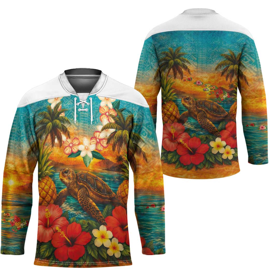Hawaiian Turtles on Beach Hockey Jersey with Pineapple Tropical Plant and Lei