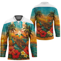 Hawaiian Turtles on Beach Hockey Jersey with Pineapple Tropical Plant and Lei