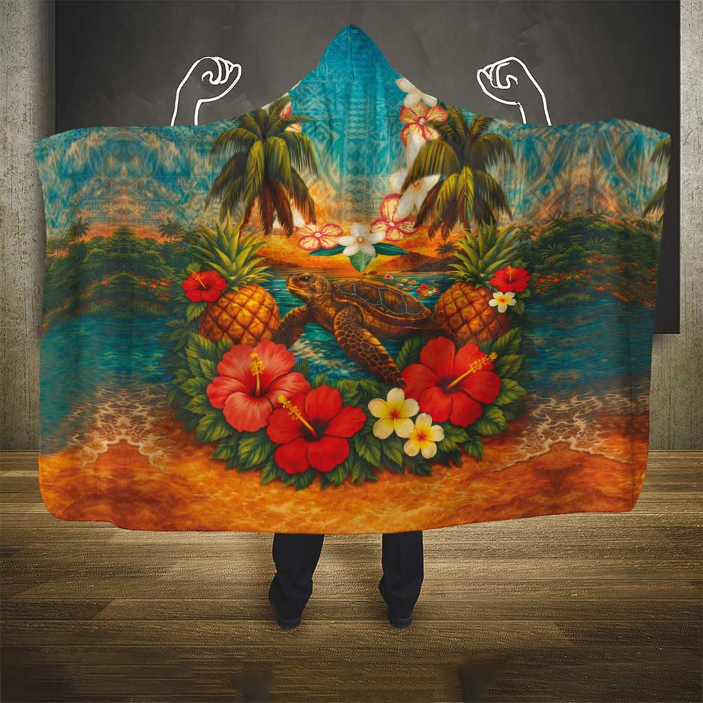 Hawaiian Turtles on Beach Hooded Blanket with Pineapple Tropical Plant and Lei