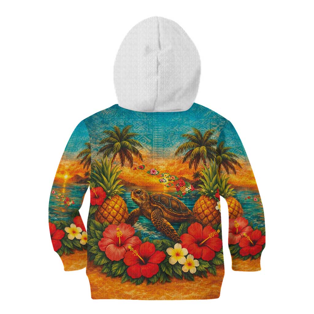 Hawaiian Turtles on Beach Kid Hoodie with Pineapple Tropical Plant and Lei