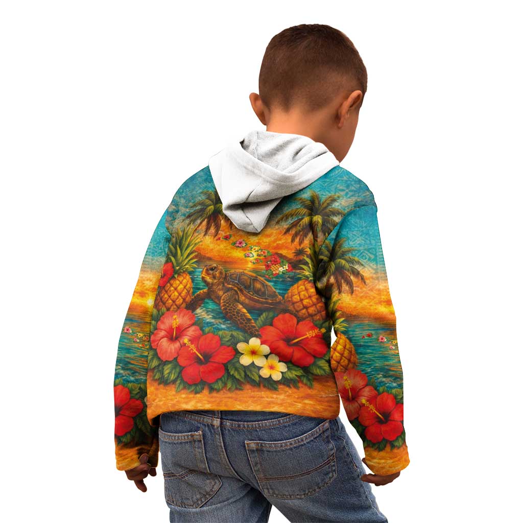 Hawaiian Turtles on Beach Kid Hoodie with Pineapple Tropical Plant and Lei