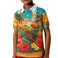 Hawaiian Turtles on Beach Kid Polo Shirt with Pineapple Tropical Plant and Lei