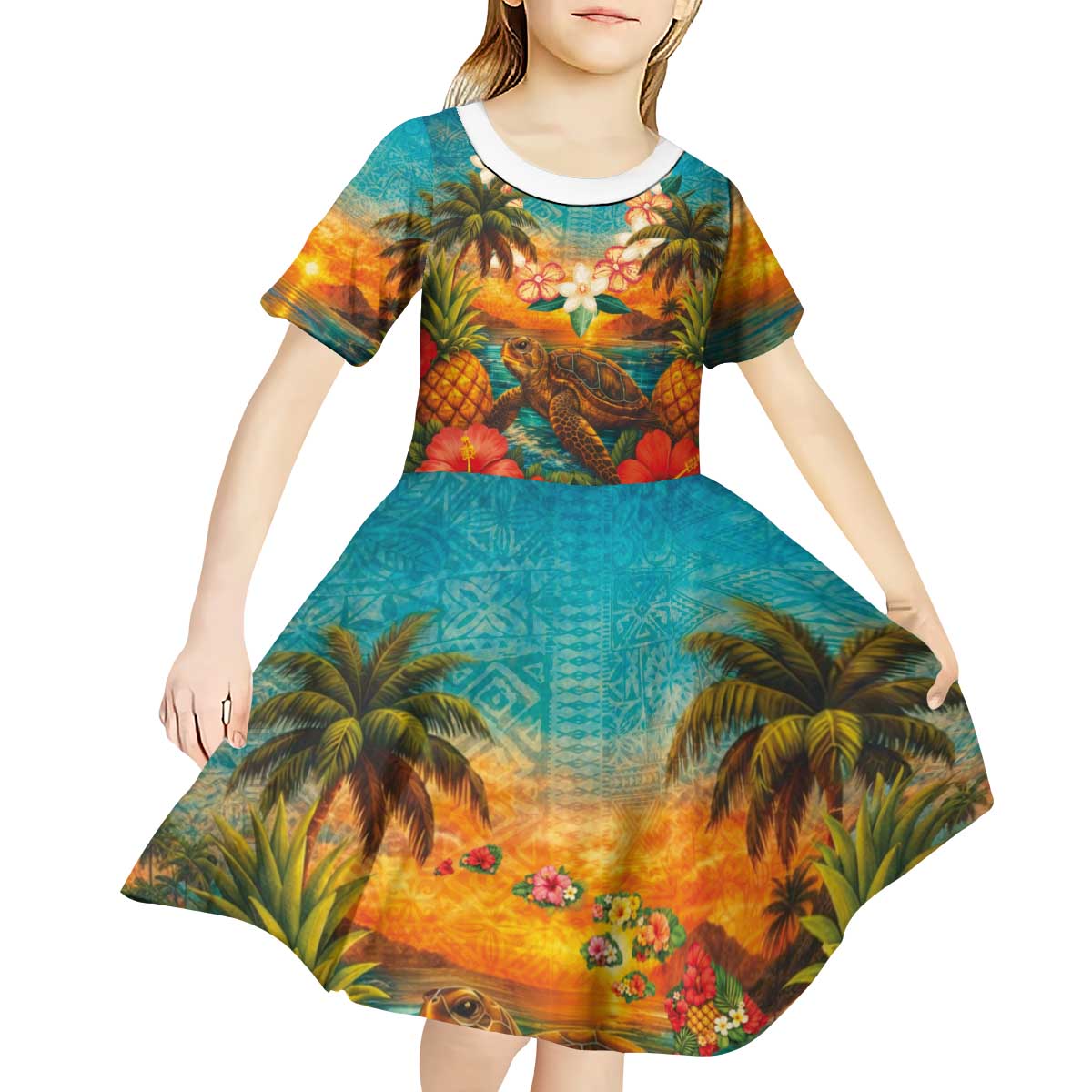 Hawaiian Turtles on Beach Kid Short Sleeve Dress with Pineapple Tropical Plant and Lei
