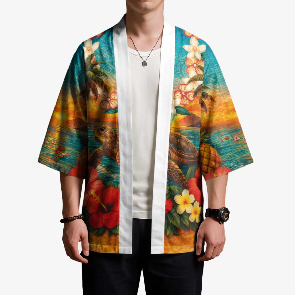 Hawaiian Turtles on Beach Kimono with Pineapple Tropical Plant and Lei