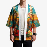 Hawaiian Turtles on Beach Kimono with Pineapple Tropical Plant and Lei