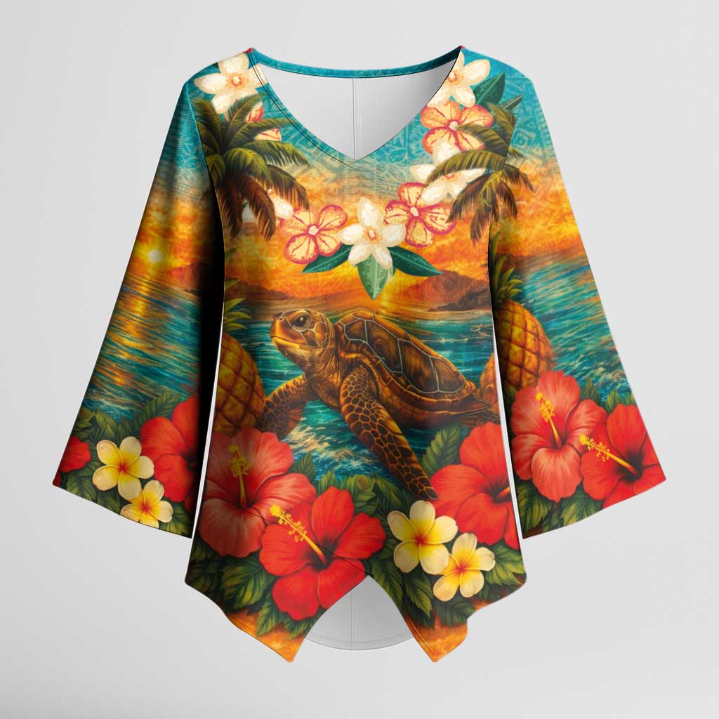 Hawaiian Turtles on Beach Kimono Sleeve Blouse with Pineapple Tropical Plant and Lei