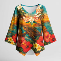 Hawaiian Turtles on Beach Kimono Sleeve Blouse with Pineapple Tropical Plant and Lei