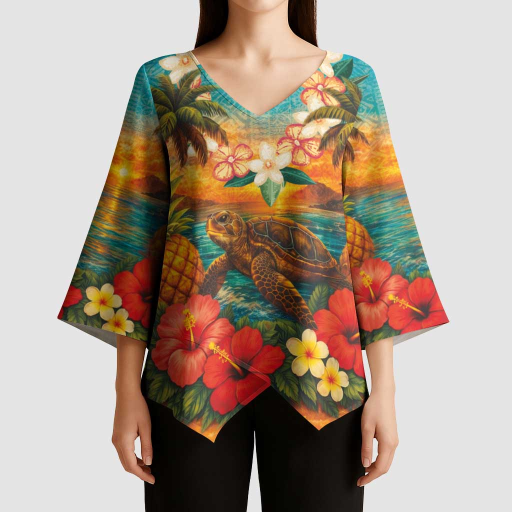 Hawaiian Turtles on Beach Kimono Sleeve Blouse with Pineapple Tropical Plant and Lei