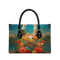 Hawaiian Turtles on Beach Leather Bag with Pineapple Tropical Plant and Lei