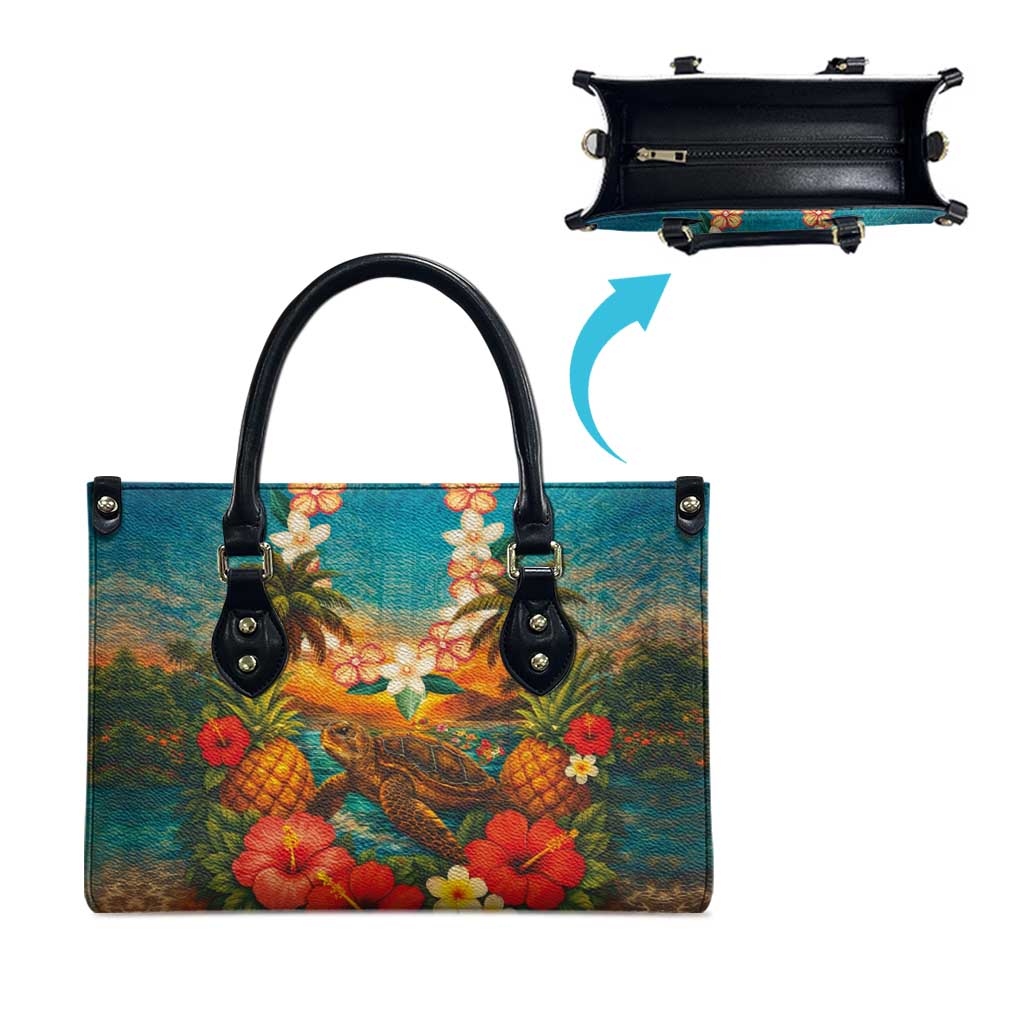 Hawaiian Turtles on Beach Leather Bag with Pineapple Tropical Plant and Lei