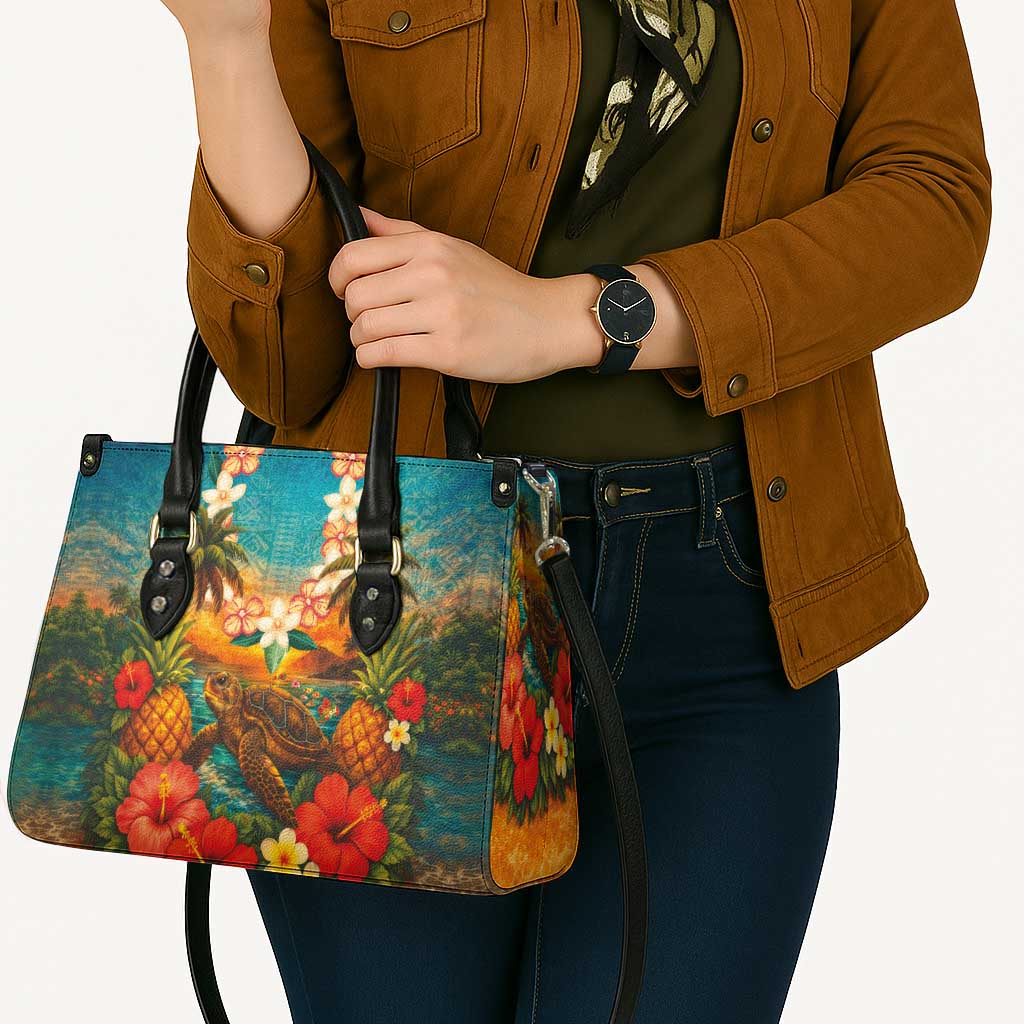 Hawaiian Turtles on Beach Leather Bag with Pineapple Tropical Plant and Lei