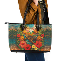 Hawaiian Turtles on Beach Leather Tote Bag with Pineapple Tropical Plant and Lei