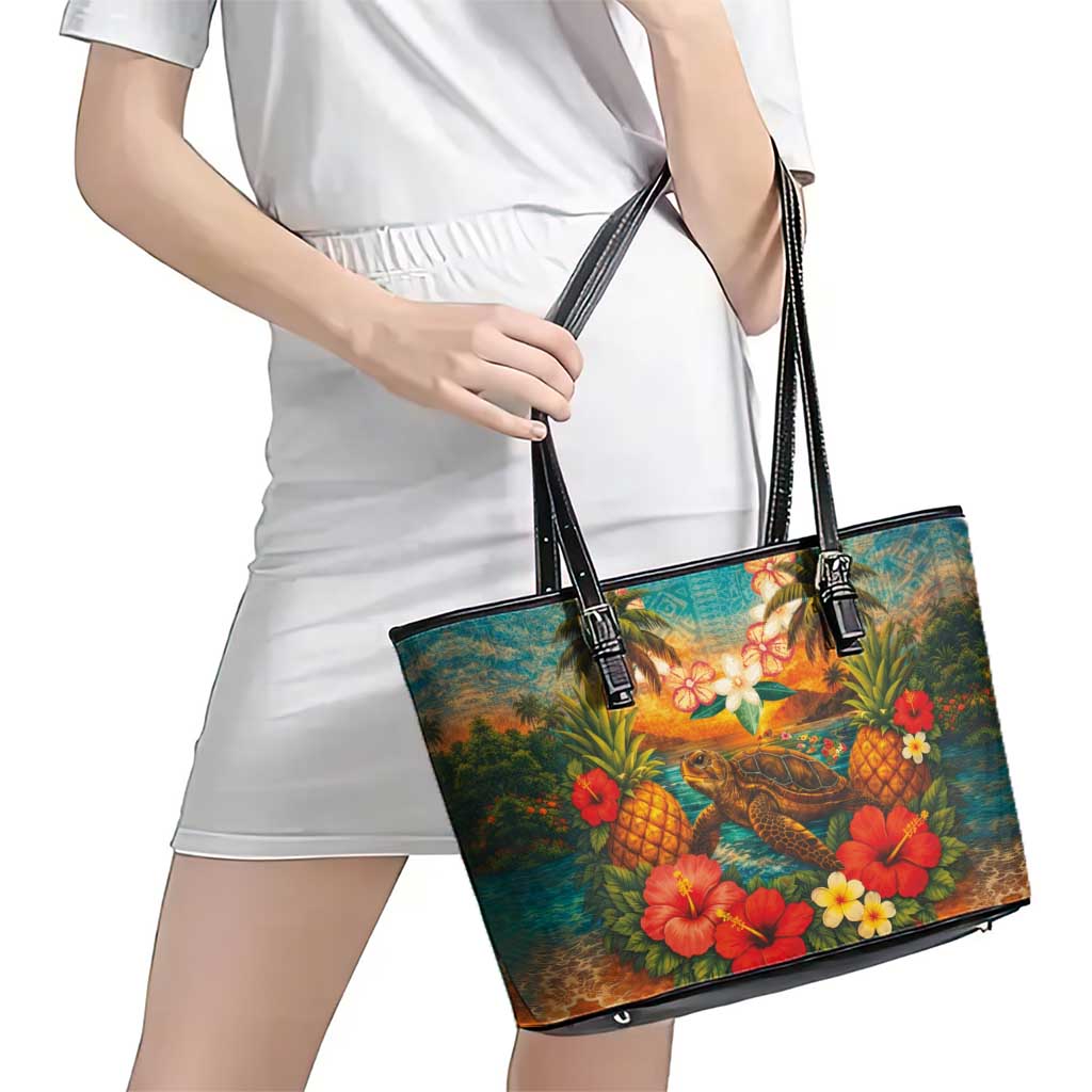 Hawaiian Turtles on Beach Leather Tote Bag with Pineapple Tropical Plant and Lei