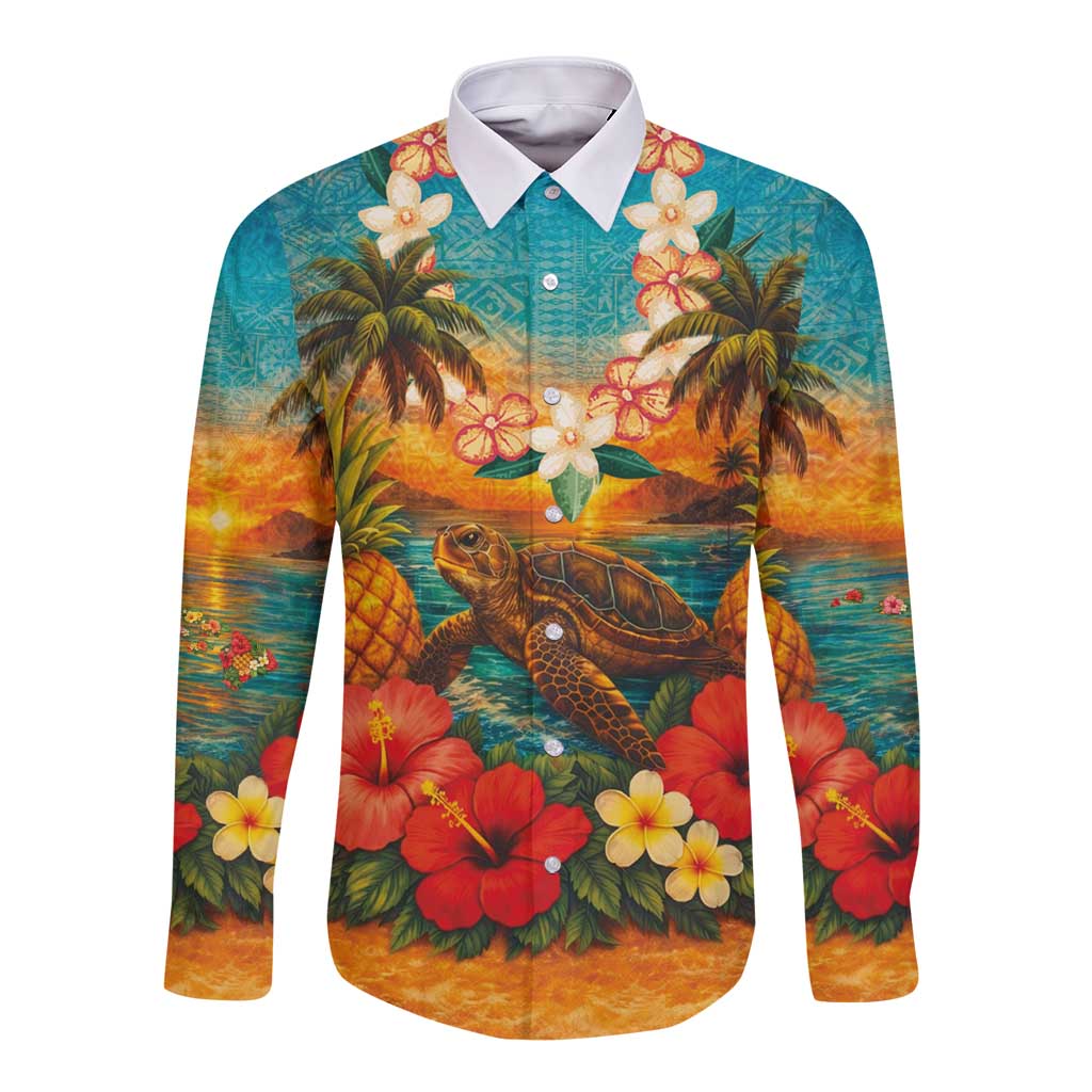 Hawaiian Turtles on Beach Long Sleeve Button Shirt with Pineapple Tropical Plant and Lei