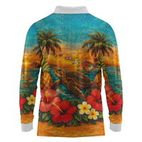 Hawaiian Turtles on Beach Long Sleeve Polo Shirt with Pineapple Tropical Plant and Lei