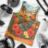 Hawaiian Turtles on Beach Men Tank Top with Pineapple Tropical Plant and Lei