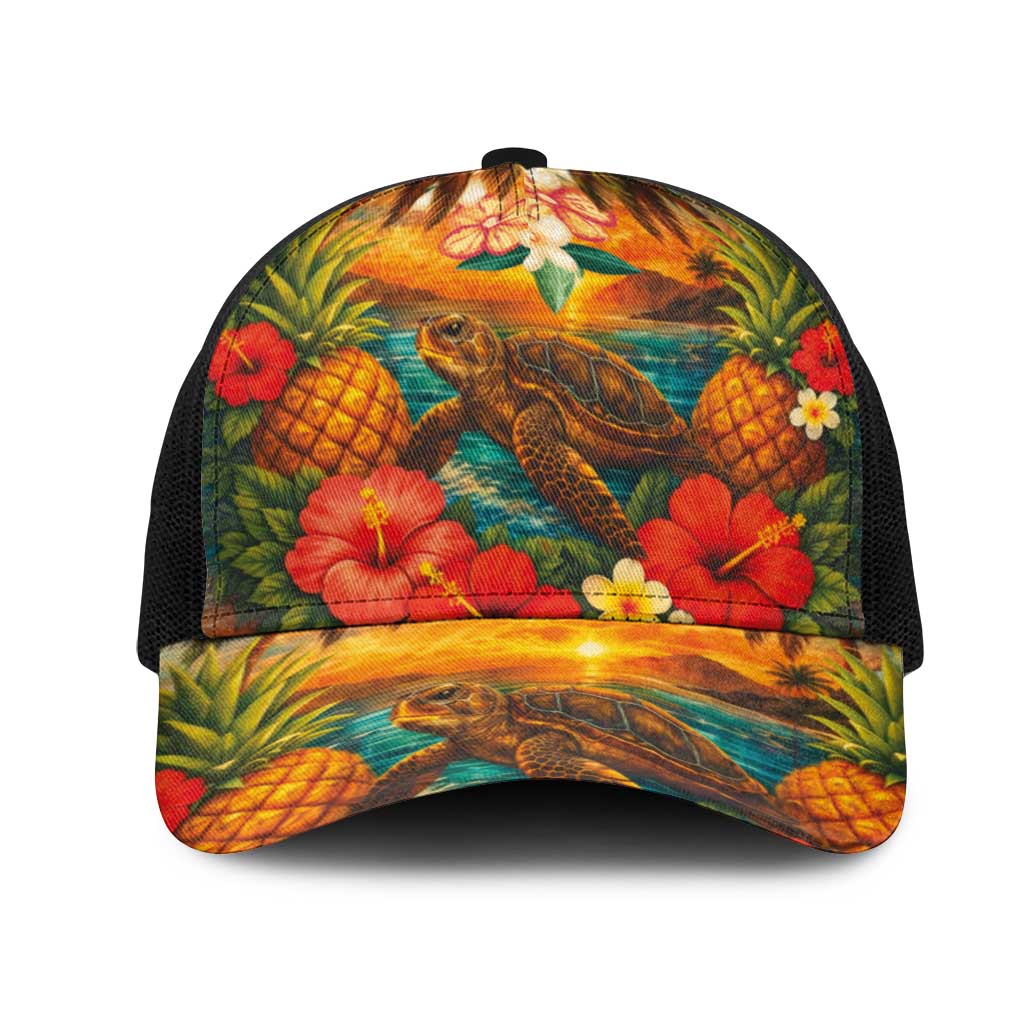 Hawaiian Turtles on Beach Mesh Trucker Cap with Pineapple Tropical Plant and Lei
