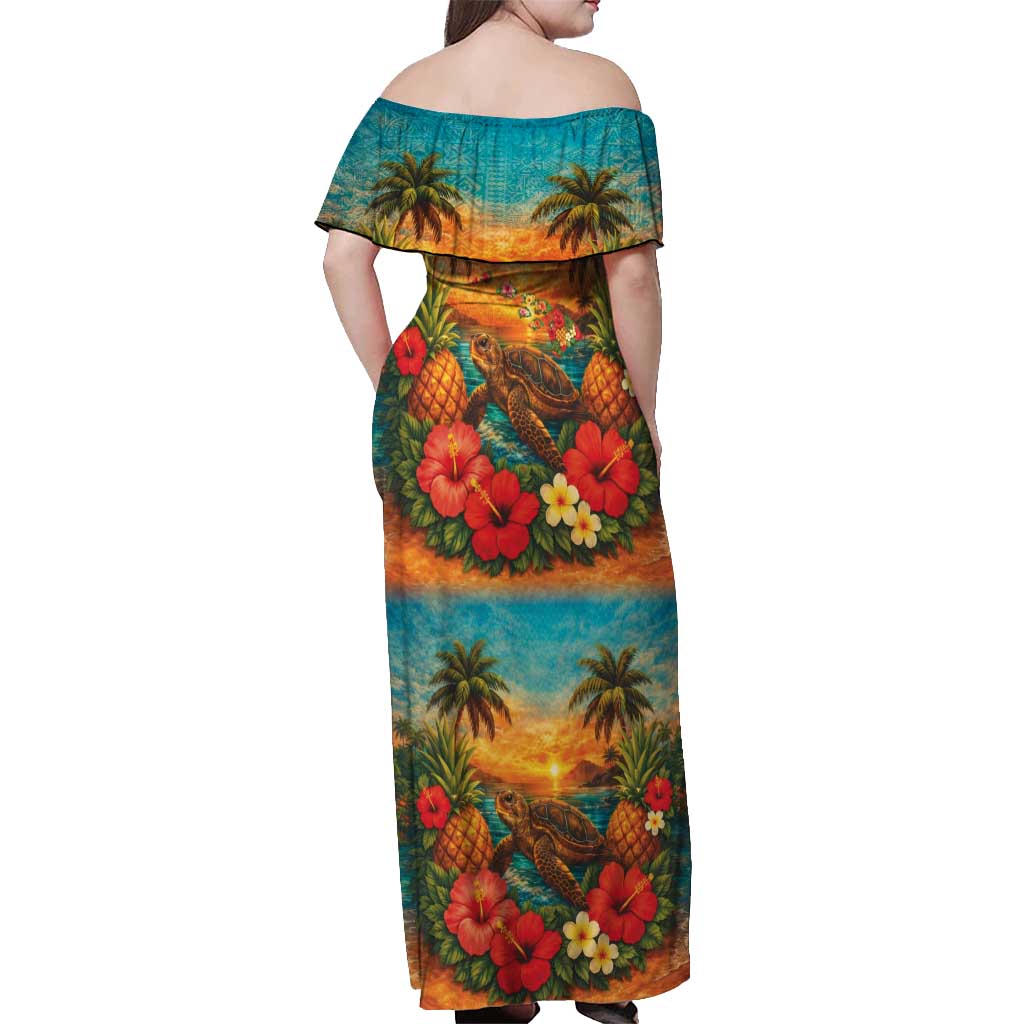 Hawaiian Turtles on Beach Off Shoulder Maxi Dress with Pineapple Tropical Plant and Lei