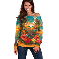 Hawaiian Turtles on Beach Off Shoulder Sweater with Pineapple Tropical Plant and Lei