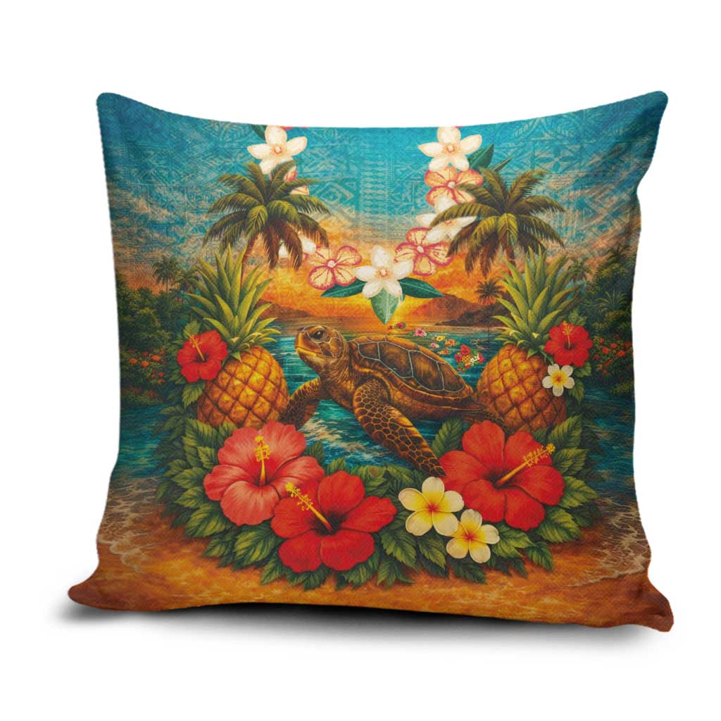 Hawaiian Turtles on Beach Pillow Cover with Pineapple Tropical Plant and Lei