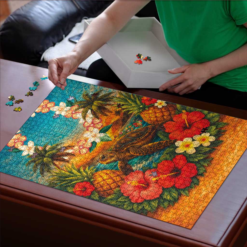 Hawaiian Turtles on Beach Puzzle with Pineapple Tropical Plant and Lei