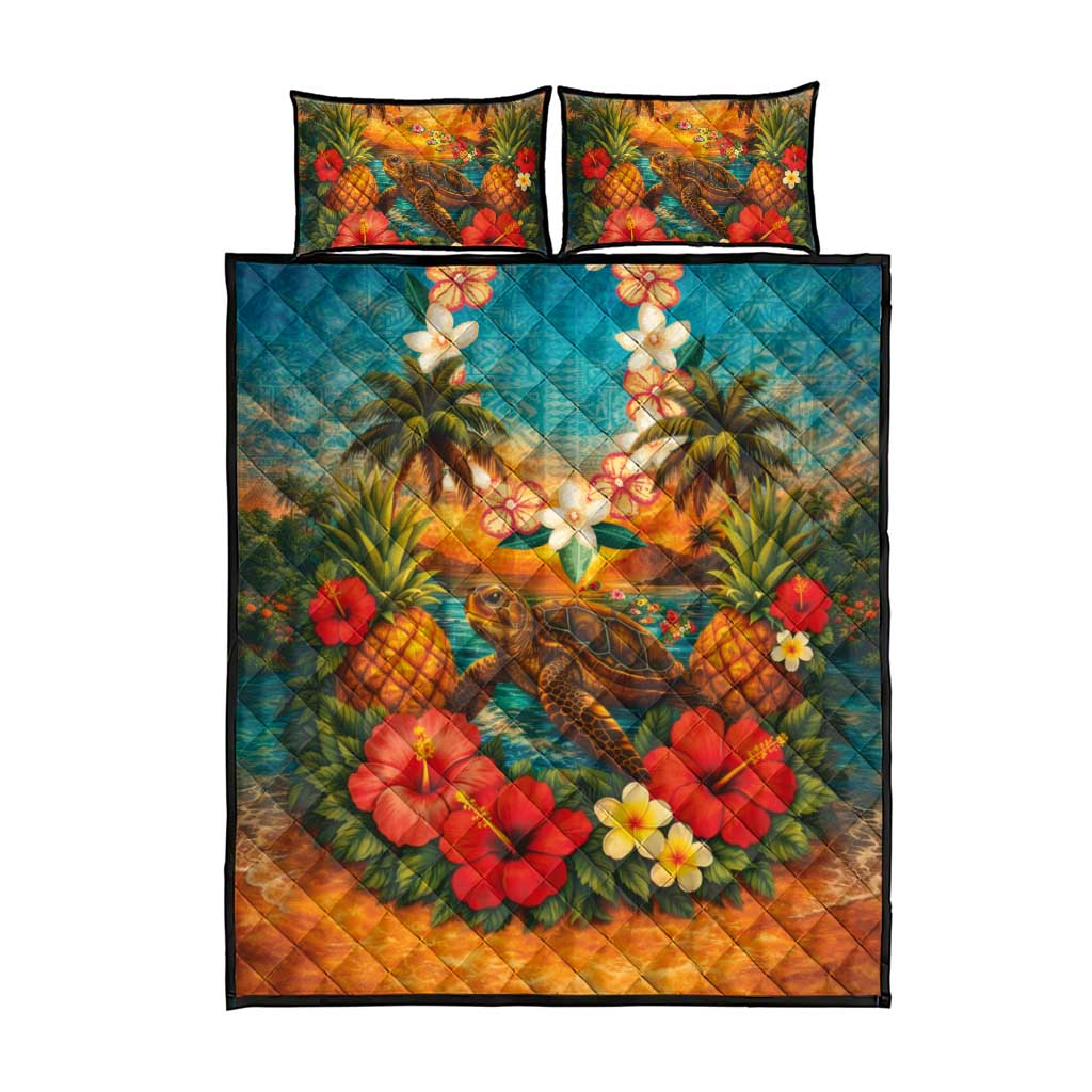 Hawaiian Turtles on Beach Quilt Bed Set with Pineapple Tropical Plant and Lei
