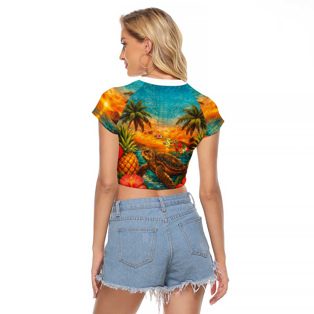 Hawaiian Turtles on Beach Raglan Cropped T Shirt with Pineapple Tropical Plant and Lei