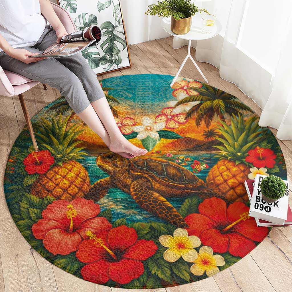 Hawaiian Turtles on Beach Round Carpet with Pineapple Tropical Plant and Lei