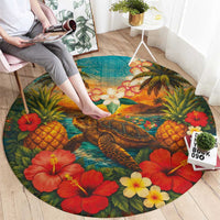 Hawaiian Turtles on Beach Round Carpet with Pineapple Tropical Plant and Lei