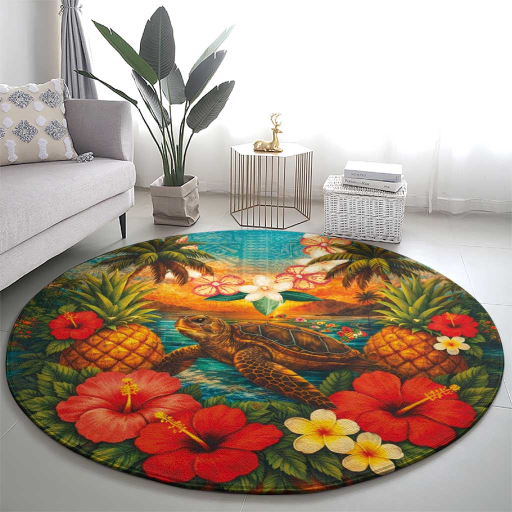 Hawaiian Turtles on Beach Round Carpet with Pineapple Tropical Plant and Lei