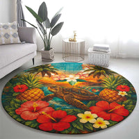 Hawaiian Turtles on Beach Round Carpet with Pineapple Tropical Plant and Lei