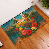 Hawaiian Turtles on Beach Rubber Doormat with Pineapple Tropical Plant and Lei