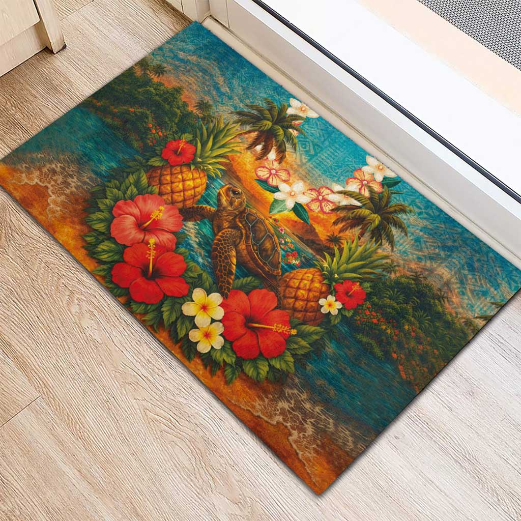 Hawaiian Turtles on Beach Rubber Doormat with Pineapple Tropical Plant and Lei