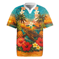 Hawaiian Turtles on Beach Rugby Jersey with Pineapple Tropical Plant and Lei