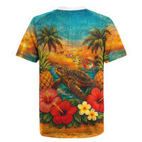 Hawaiian Turtles on Beach Rugby Jersey with Pineapple Tropical Plant and Lei