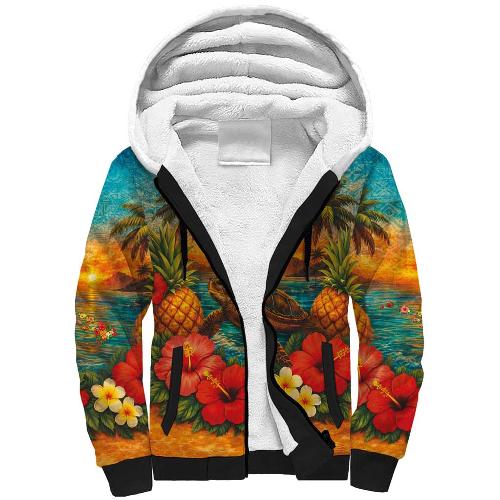 Hawaiian Turtles on Beach Sherpa Hoodie with Pineapple Tropical Plant and Lei