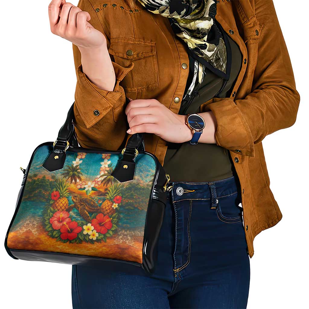 Hawaiian Turtles on Beach Shoulder Handbag with Pineapple Tropical Plant and Lei