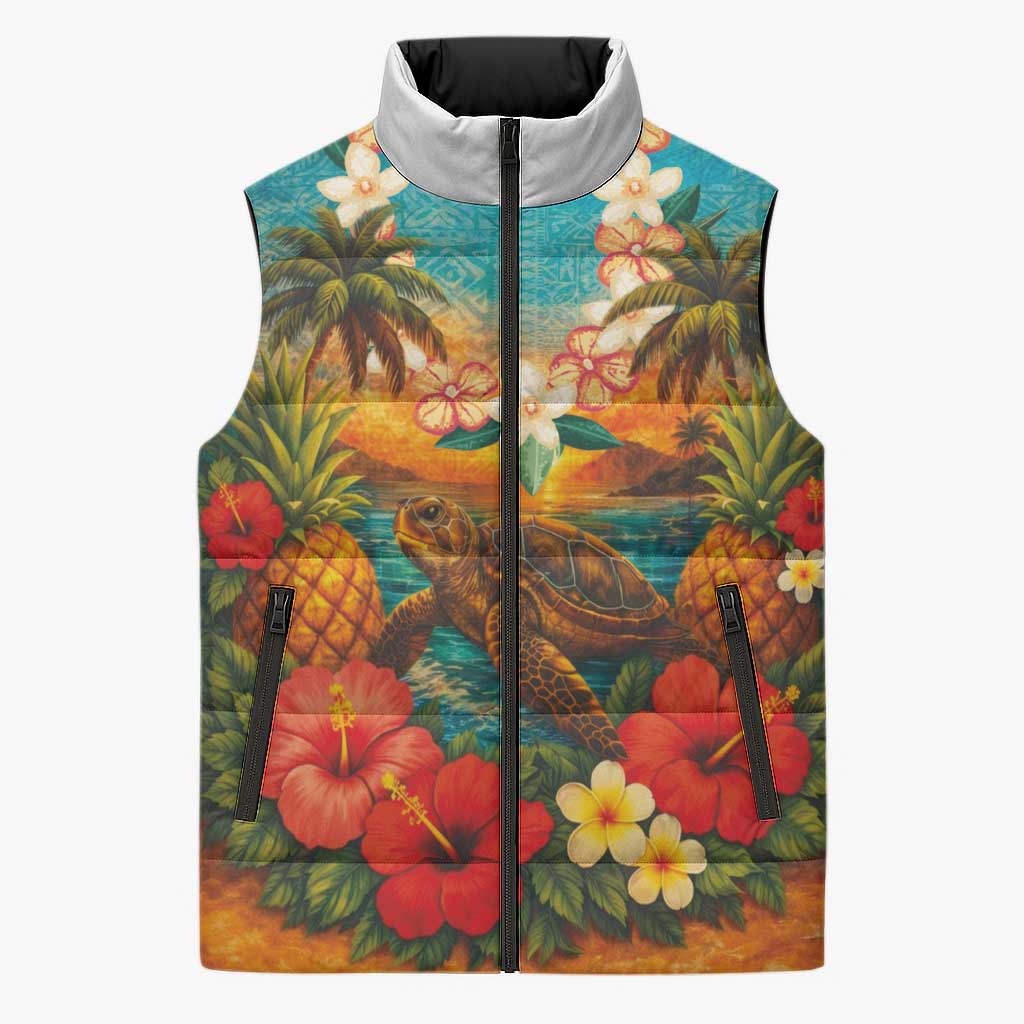 Hawaiian Turtles on Beach Sleeveless Puffer Jacket with Pineapple Tropical Plant and Lei
