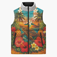 Hawaiian Turtles on Beach Sleeveless Puffer Jacket with Pineapple Tropical Plant and Lei