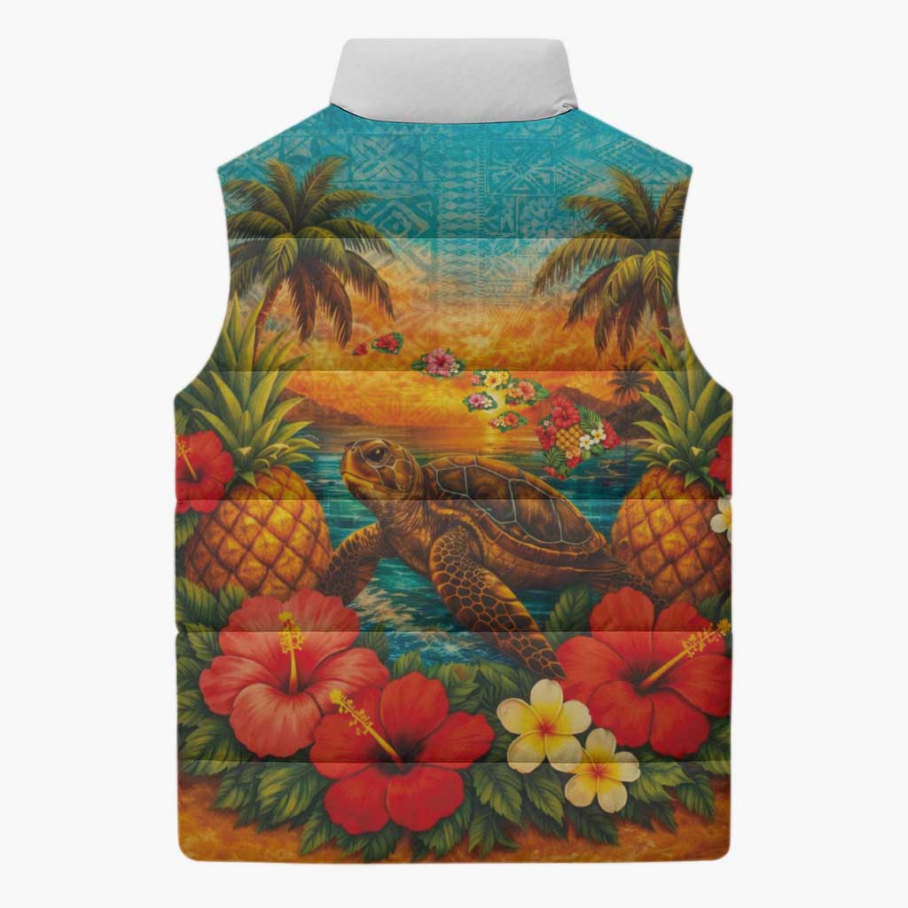 Hawaiian Turtles on Beach Sleeveless Puffer Jacket with Pineapple Tropical Plant and Lei